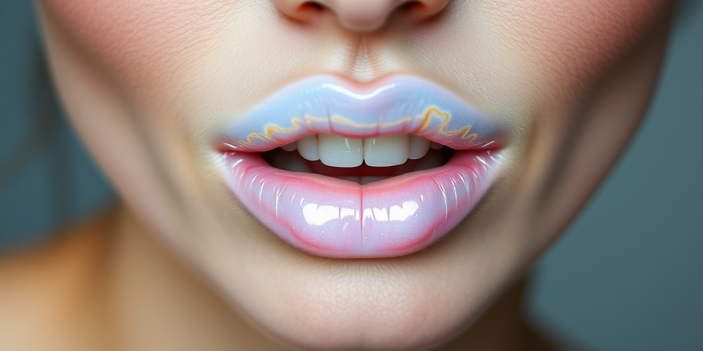 Pearlescent white woman lips with opal-like sheen, showcasing avant-garde and editorial makeup artistry