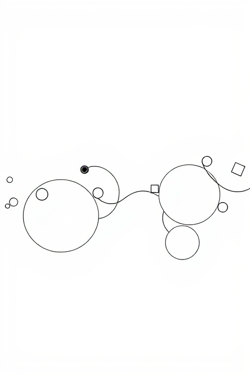 Create an abstract illustration of a continuous line drawing with interconnected geometric shapes including circles and rectangles, using a high-resolution digital camera with a focal length of 35mm, aperture set to f/4, ISO 100, and a shallow depth of field for enhanced clarity and contrast.