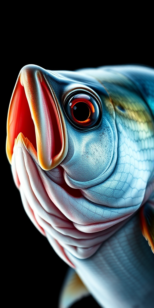 Create a highly detailed illustration of a mackerel fish, using a macro lens for close-up, shallow depth of field, with bright, natural lighting to enhance colors, against a plain black background, capturing intricate scales and textures with a focus on realism.