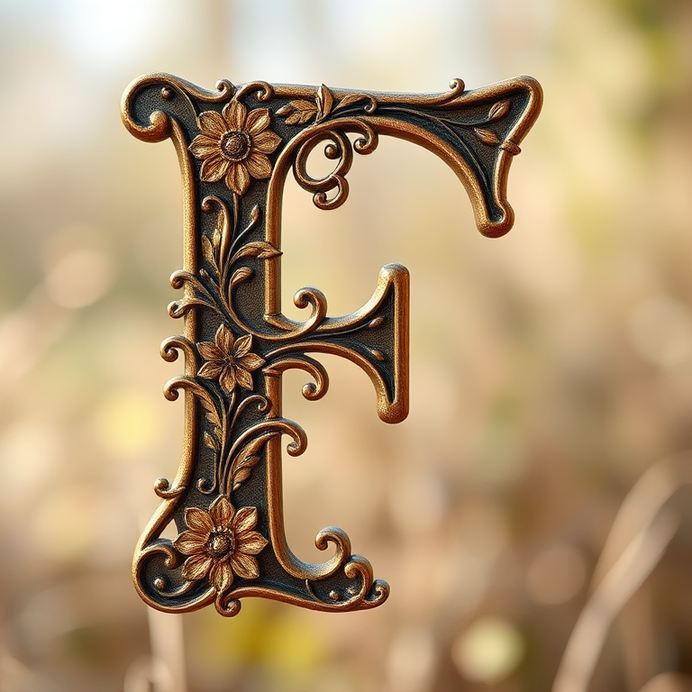 Create an ornate letter "F" design featuring floral patterns in a vintage style, shot with a DSLR camera at f/2.8 aperture, ISO 100, 50mm lens, in natural light with a soft focus background for enhanced detail and color contrast.