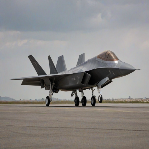 a high-resolution photograph of a sleek F-22 Raptor, situated on a large, flat, gray concrete runway. The aircraft's sleek, angular design and metallic gray color dominate the image. The F-22's wings are swept back