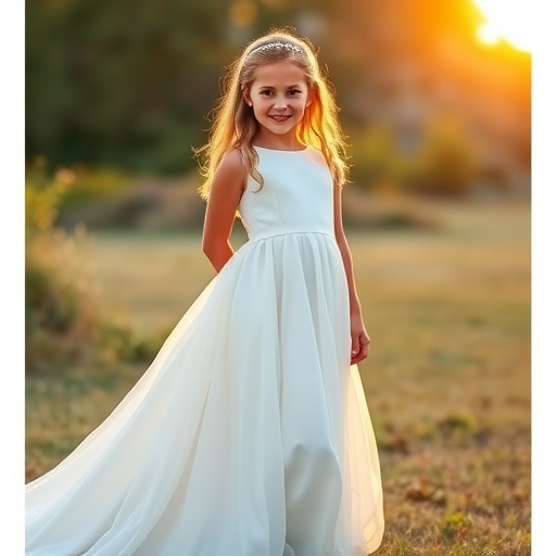 A young girl wearing a white dress with a long train posing outdoors, golden hour lighting, aperture f/2.8, shutter speed 1/250s, ISO 100, portrait orientation, DSLR camera with a 50mm lens.