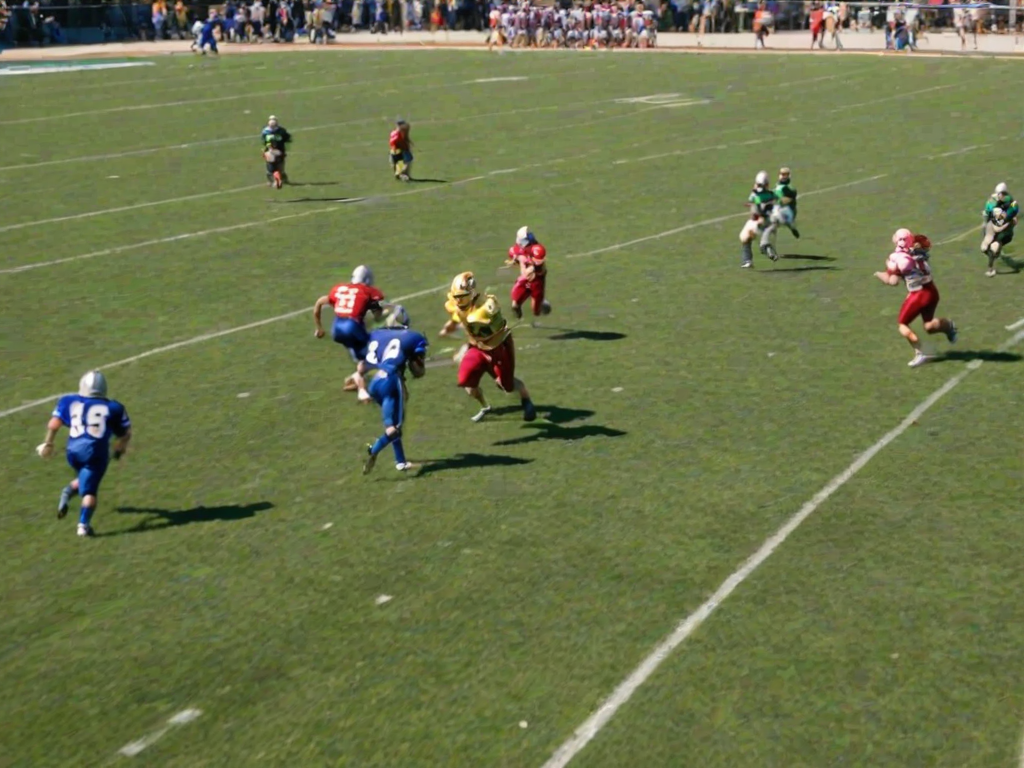 Blurry action shot of a football game in progress, players sprinting across the field with determination, colorful team jerseys contrasting against the green grass under a clear blue sky.