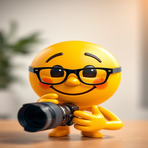 Create a high-resolution image of a smiling yellow emoji with glasses, making a thoughtful gesture; use a DSLR camera with a 50mm lens, f/2.8 aperture, ISO 100, and 1/200s shutter speed, in a bright studio setting with a soft focus background.