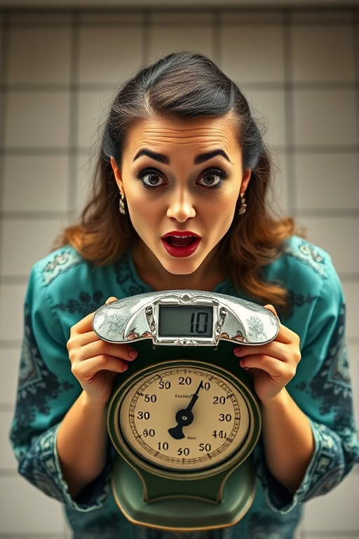 A high-angle shot of a woman with exaggerated facial expressions, holding a vintage bathroom scale, wearing a turquoise blouse with intricate patterns, natural lighting, aperture f/2.8, ISO 100, shutter speed 1/250s, taken with a DSLR camera in portrait mode to enhance depth of field and clarity.