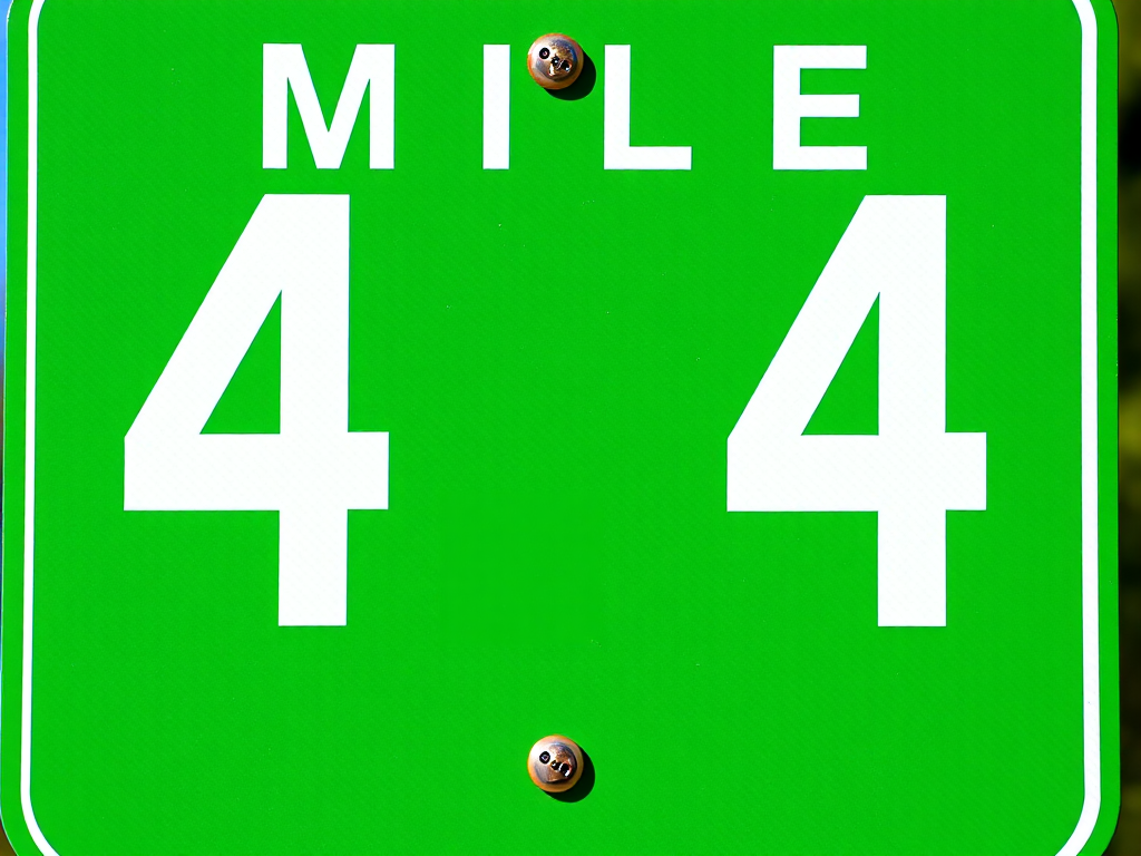 Capture a high-resolution image of a green mile marker sign displaying the numbers 4 and 4 in bold white font, taken with a DSLR camera at f/8 aperture, ISO 100, 50mm lens, daylight setting, and from a straight-on view to enhance clarity and detail.