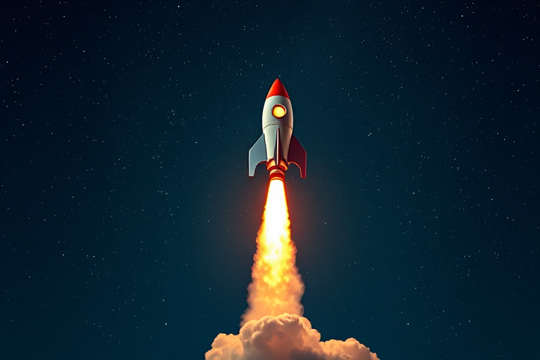 A retro-style rocket launching into a starry night sky, high resolution, 50mm lens, f/4 aperture, ISO 100, portrait view, digital camera, vibrant colors.