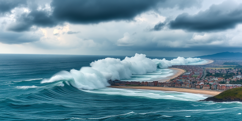 Create an image of a massive wave crashing along a coastal town with dark storm clouds above, shot with a DSLR camera at f/8 aperture, ISO 100, 24mm lens, in landscape orientation, using HDR technique for enhanced detail and dynamic range.