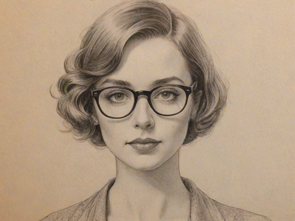 Magnificent Amanda Fuller, pencil sketch, portrait of Dazzling woman 1924s in glasses, hair style beatnik, outline, clear lines, fine lines, 8k
