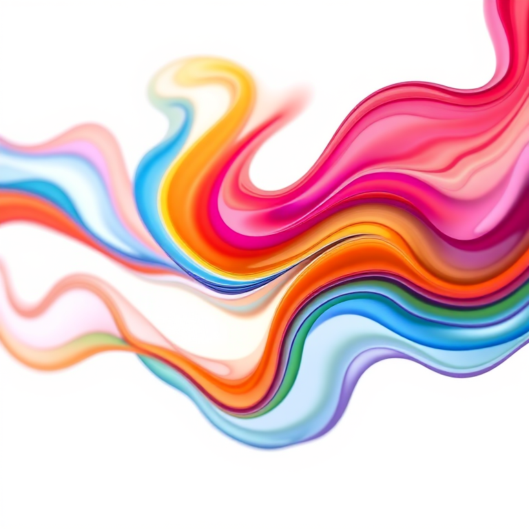Create an abstract image with vibrant flowing colors blending seamlessly, captured using a Canon EOS R5 at f/8, ISO 100, 1/125s, with a macro lens and a soft focus style to enhance the fluidity and depth of the colors against a clean white background.
