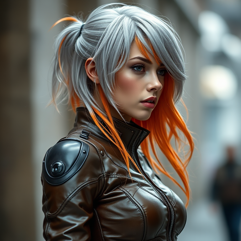 female character with silver and orange hair wearing a futuristic leather outfit, side profile, soft bokeh background, f/1.8 aperture, ISO 100, 50mm lens, natural light, portrait photography