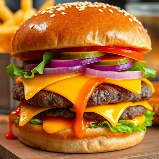 High-resolution, close-up image of a gourmet double cheeseburger. The burger features a glossy, sesame-seed-topped brioche bun. Inside, there are two thick, juicy beef patties, each topped with melted cheddar cheese. The burger is garnished with fresh lettuce, tomato slices, diced onions, and pickles. A generous amount of ketchup and a creamy, orange-colored sauce is dripping down the sides, adding to the mouth-watering appeal. In the background, there are blurred elements including a side of golden French fries and a hint of a beverage, enhancing the overall presentation of a delicious meal.