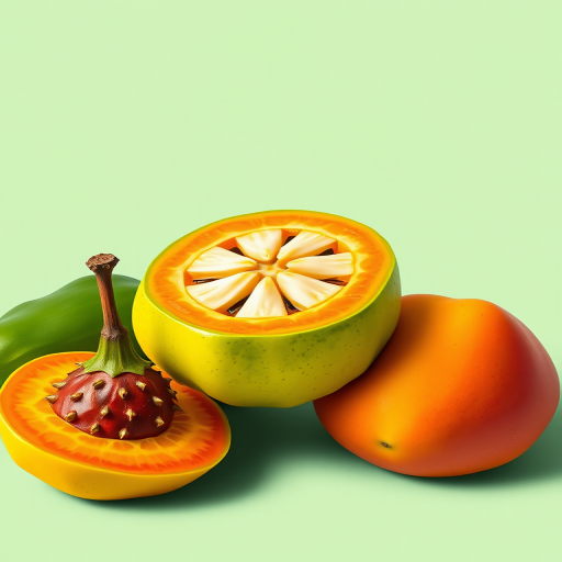 create a vector-style illustration of three colorful fruits including sapote and other tropical fruits with a light green textured background, using a Canon EOS R5 with a 50mm lens, aperture f/2.8, ISO 100, and a shallow depth of field for enhanced detail and vibrancy.