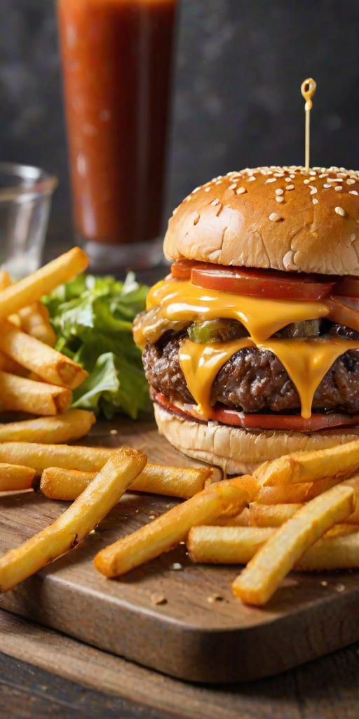 High-resolution, close-up image of a gourmet double cheeseburger. The burger features a glossy, sesame-seed-topped brioche bun. Inside, there are two thick, juicy beef patties, each topped with melted cheddar cheese. The burger is garnished with fresh lettuce, tomato slices, diced onions, and pickles. A generous amount of ketchup and a creamy, orange-colored sauce is dripping down the sides, adding to the mouth-watering appeal. In the background, there are blurred elements including a side of golden French fries and a hint of a beverage, enhancing the overall presentation of a delicious meal.