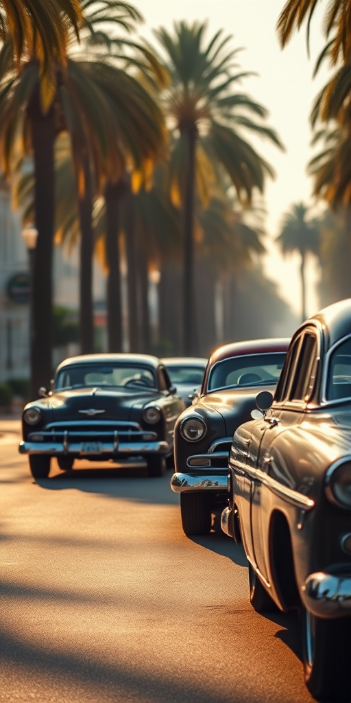 Soft-focus image of a row of vintage cars parked along a sun-drenched boulevard, with palm trees lining the street and soft golden light reflecting off their shiny surfaces.