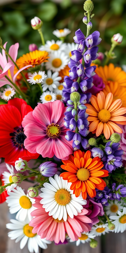 Generate a vibrant bouquet of assorted flowers including anemones, lupines, and daisies with a soft focus background at f/2.8, ISO 100, 50mm lens, overhead view, in high-resolution digital photography style.