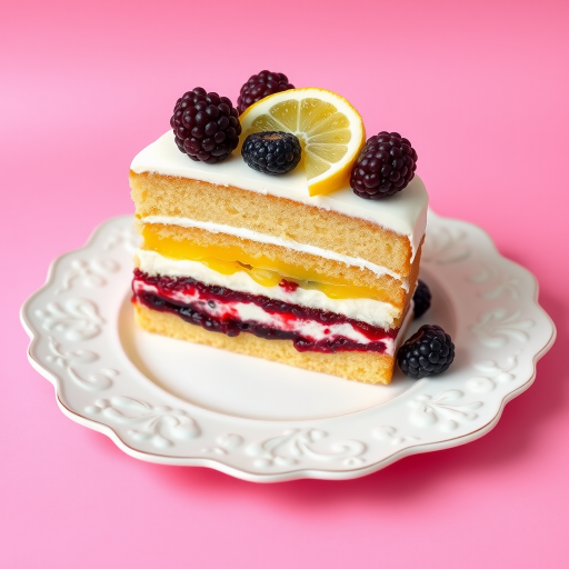 A slice of layered cake with alternating stripes of white cream, yellow filling, and berry jam, garnished with fresh blackberries and a lemon slice, placed on an ornate white plate against a pink background.