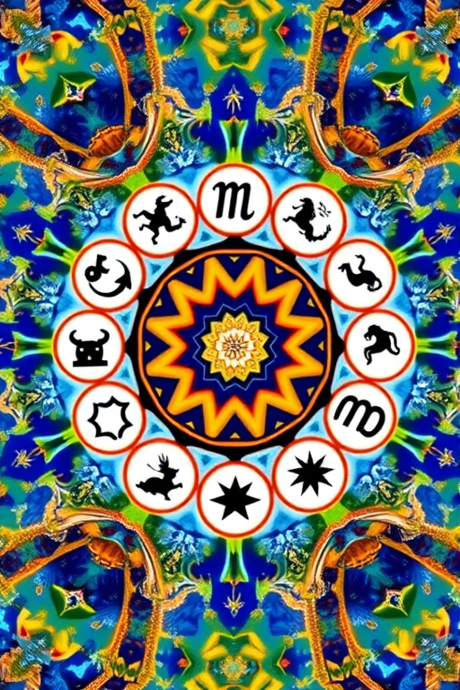 Create a vibrant, high-resolution kaleidoscopic image featuring the twelve zodiac signs in circular icons surrounded by a blue and gold abstract background, using a DSLR camera with a 50mm lens, f/1.8 aperture, ISO 100, and a vibrant color profile.