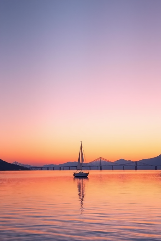 Create a minimalist digital artwork of a sunset landscape with a sailboat on a calm lake, using soft gradient colors like pink and purple, with mountains in the background and a bridge, shot with a Canon EOS R5, 35mm lens, f/8 aperture, ISO 100, in a panoramic view to enhance clarity and details.