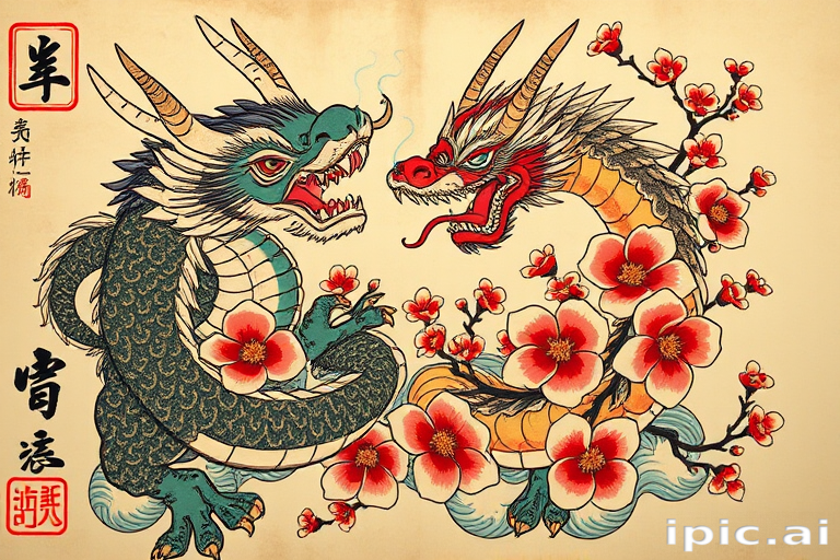 Traditional Japanese-style tattoo called "Irezumi Legacy" featuring bold outlines and vibrant colors depicting mythical creatures and cherry blossoms with intricate details and cultural symbolism