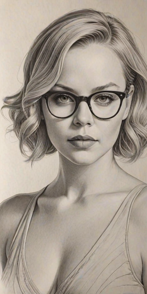 Charming Abbie Cornish, pencil sketch, portrait of Ravishing woman 1932s in glasses, hair style beatnik, outline, clear lines, fine lines, 8k
