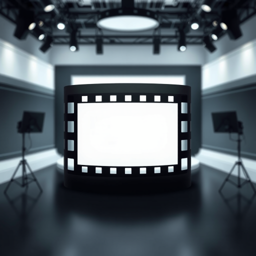 Create a high-resolution vector image of a film strip with a minimalist design, centered inside a film studio-like structure, using a Canon EOS R5 camera, 50mm lens, f/2.8 aperture, ISO 100, and a shallow depth of field for enhanced clarity and focus.