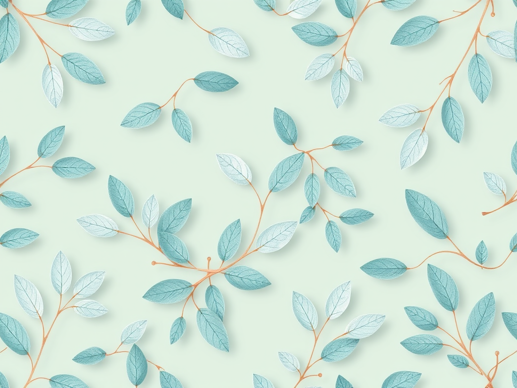generate a seamless pattern of delicate teal leaves on a soft mint background, camera settings: f/8, ISO 100, shutter speed 1/60, camera view: top-down, camera style: high detail, camera type: DSLR