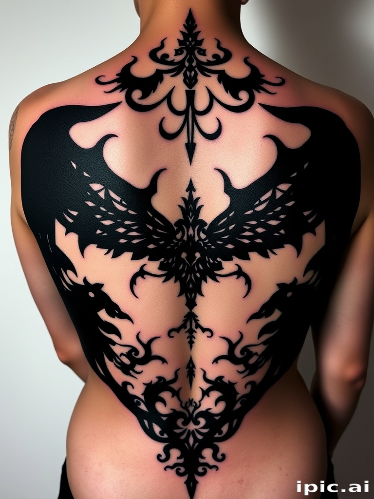 Blackout negative space tattoo called "Shadow Silhouettes" utilizing large areas of solid black ink with carefully planned negative space to reveal intricate designs within
