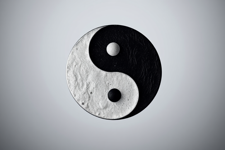 Create a high-resolution image of a yin yang symbol, captured with a Canon EOS 5D Mark IV, 50mm lens, f/1.4 aperture, ISO 100, in a well-lit studio setting, with a soft focus background to enhance detail and color contrast.
