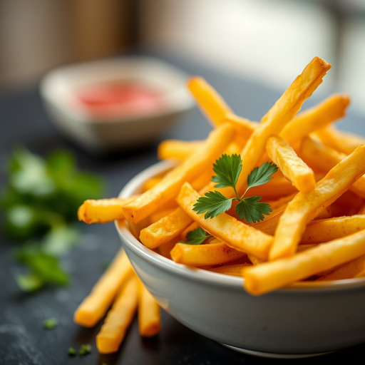 photograph of a bowl of golden crispy French fries garnished with parsley on a dark surface, taken with a DSLR camera at f/2.8, 1/125s, ISO 400, 50mm lens, natural lighting, shallow depth of field for a blurred background