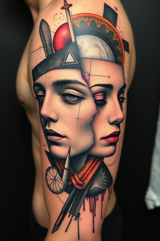 Avant-garde tattoo called "Fragmented Reality" blending abstract shapes, distorted portraits, and surreal elements in a collage-like composition, challenging traditional tattoo conventions with its experimental approach