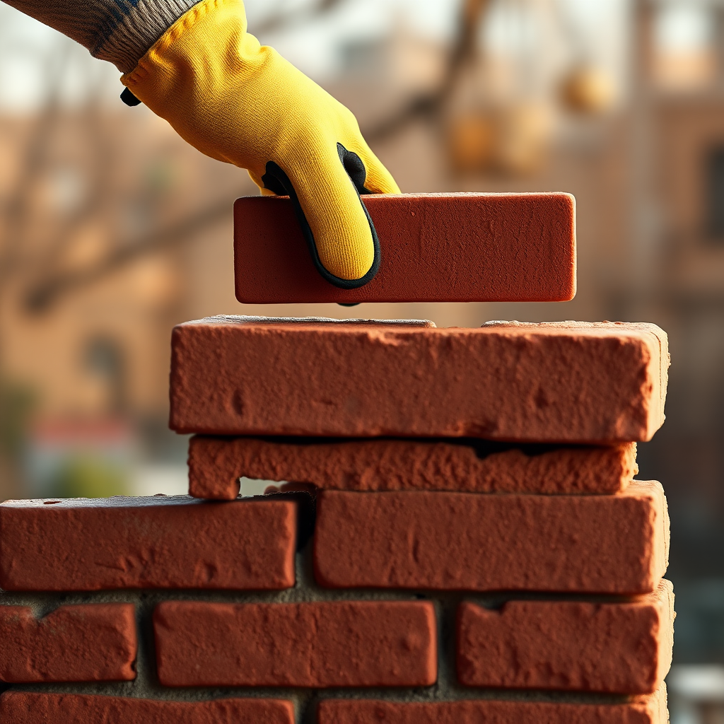 Generate an image of a hand wearing a yellow glove placing a brick on top of a partially constructed brick wall. The background should feature a warm, softly lit environment, highlighting the texture of the bricks and the hand's action.