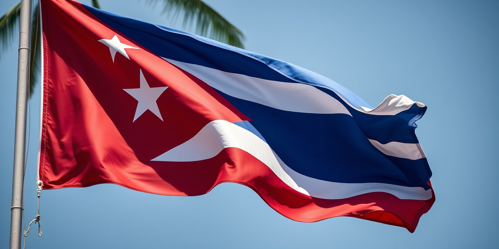 Create a high-resolution image of the Cuban flag waving in the wind, captured with a DSLR camera using a 50mm lens, f-stop of 4.0, ISO 100, at a shutter speed of 1/500s, in bright daylight for enhanced color vibrancy and clarity.