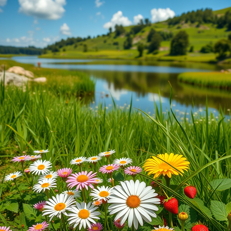 regenerate a vibrant landscape scene featuring a serene lake surrounded by lush green grass and a variety of colorful flowers including daisies and strawberries, captured with a Canon EOS R5, 24mm lens, aperture f/8, ISO 100, in natural lighting for enhanced clarity and detail