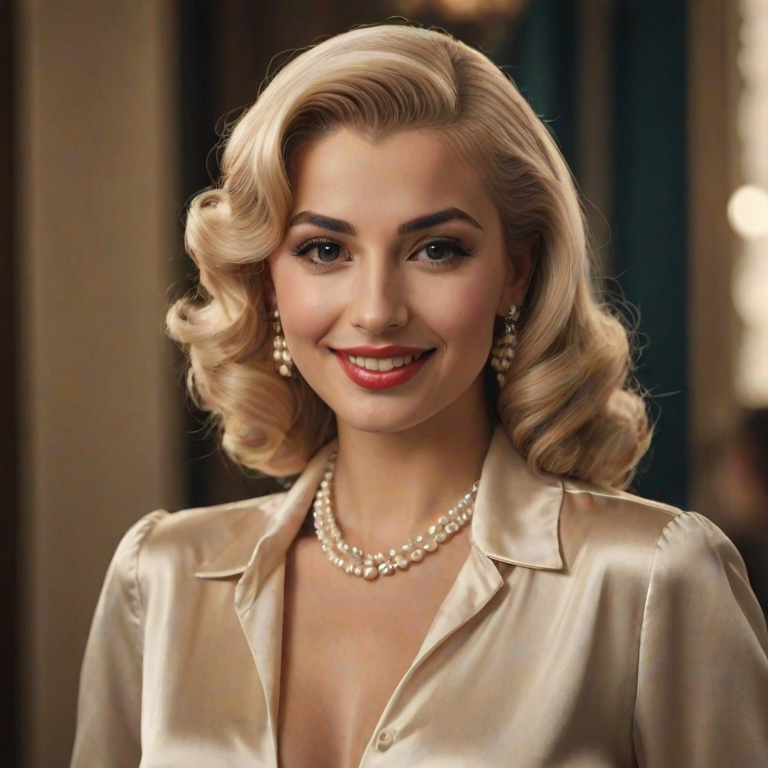 A beautiful Chaldean woman reminiscent of 1950s Hollywood glamour, with perfectly styled blonde hair and a seductive smile, dressed in a satin blouse and adorned with pearls, soft and warm tones, photorealistic, 8K