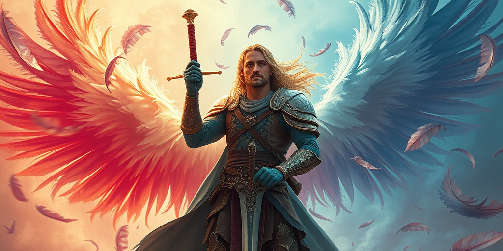 A heroic fantasy character standing confidently with a sword, surrounded by an ethereal atmosphere of swirling feathers and vibrant colors, captured with a Canon EOS R5, 50mm lens, f/1.8 aperture, 1/500 shutter speed, and a wide-angle view to enhance depth and vibrancy.