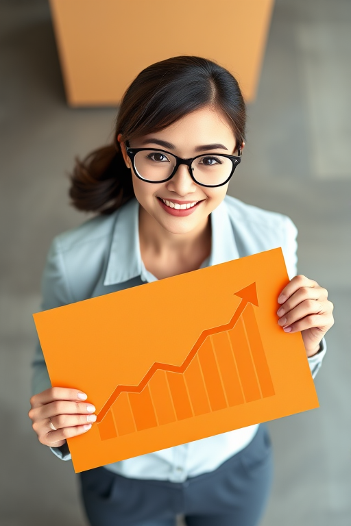 generate an illustration of a professional woman holding an orange presentation board with an upward graph, ensure she has glasses and a confident expression, use a bright color palette, render in high resolution with a focus on clean lines and vibrant details, use a DSLR camera with a 50mm lens at f/1.8 for a sharp focus and blurred background, top-down view for a dynamic perspective.