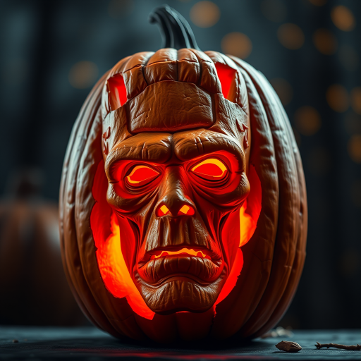 a pumpkin intricately carved in the face of a classic horror monster [Frankenstein] 3d, ultra-realistic, highly detailed, dramatic lighting, bokeh