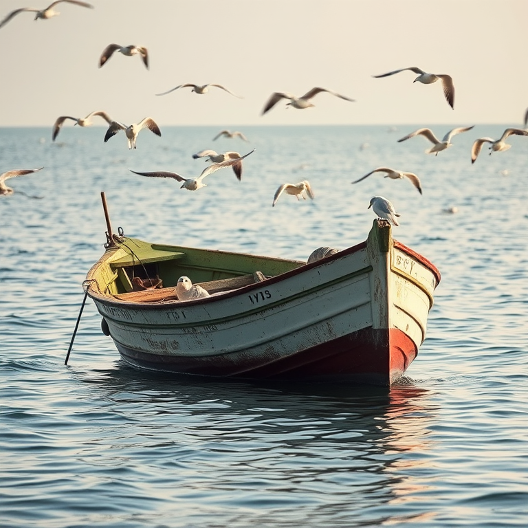Regenerate an image of a weathered boat in calm water, surrounded by seagulls, using a Canon EOS R with a 50mm lens, settings: f/2.8, ISO 100, shutter speed 1/250 sec, soft natural lighting, focus on the boat and birds, shallow depth of field for enhanced background blur.
