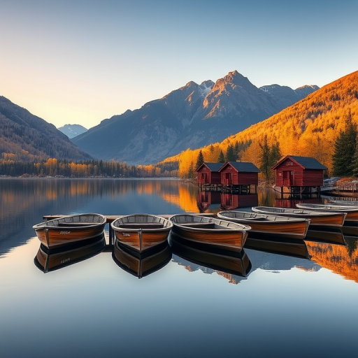 Capture a serene lakeside view with wooden boathouses reflecting on calm water, surrounded by mountains and autumn foliage, using a DSLR camera with a 24mm lens, aperture f/8, ISO 100, and a shutter speed of 1/125 sec, in natural lighting during golden hour.
