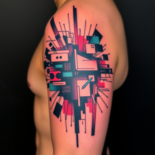 Glitch art tattoo called "Digital Disruption" incorporating pixelated elements, distorted images, and fragmented patterns to create a modern, tech-inspired aesthetic