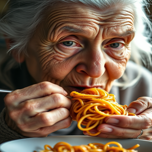 An elderly woman with deeply wrinkled skin and white hair enjoying a bowl of spaghetti, close-up shot, soft natural light, shallow depth of field, 50mm lens, f/2.8, ISO 100, 1/100s, capturing intricate details of her hands and facial features.