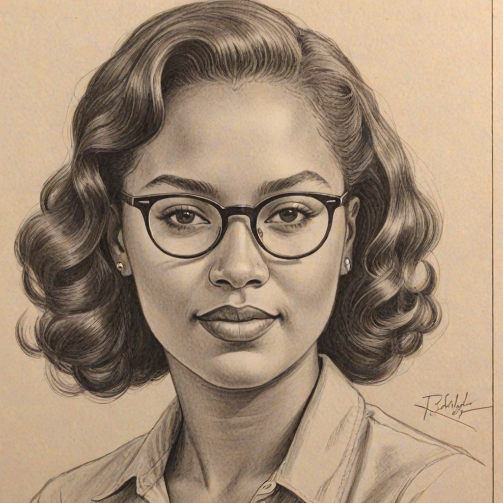 Magnificent Breonna Taylor, pencil sketch, portrait of Pleasing woman 1946s in glasses, hair style beatnik, outline, clear lines, fine lines, 8k