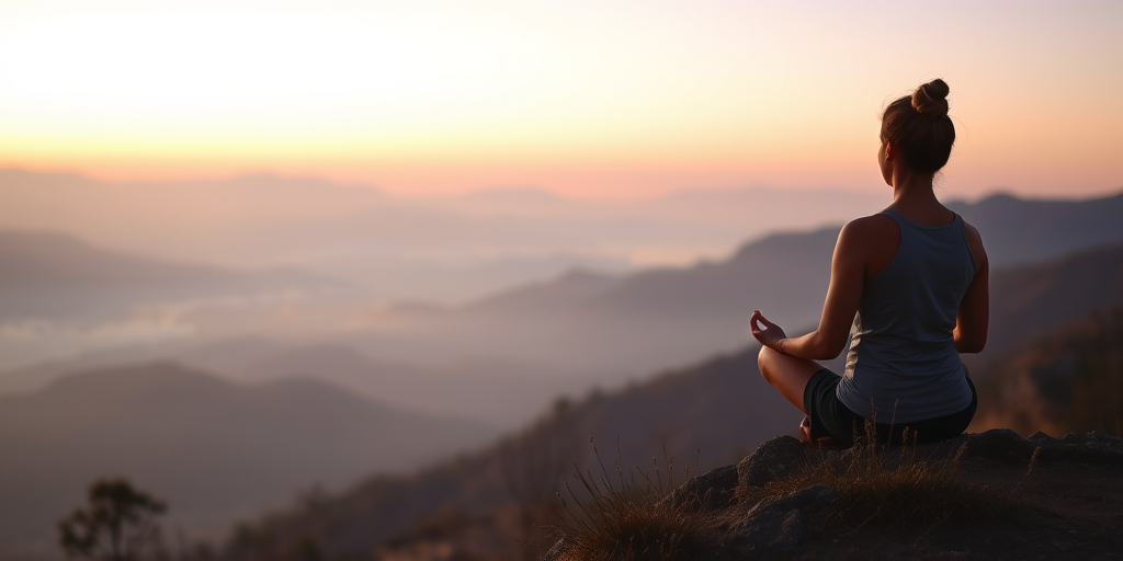 Softly lit image of a person meditating on a mountaintop at dawn, soft mist rising from the valley below, with distant peaks bathed in soft pink and orange hues from the rising sun.
