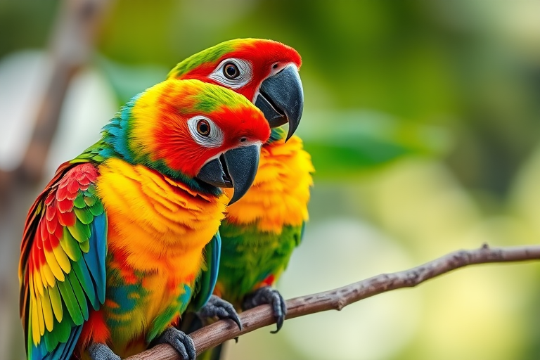 vibrant close-up of two colorful parrots perched on a branch, soft focus background, natural lighting, shot with a DSLR camera, aperture f/2.8, shutter speed 1/250s, ISO 400, using a macro lens, high dynamic range technique to enhance colors and details