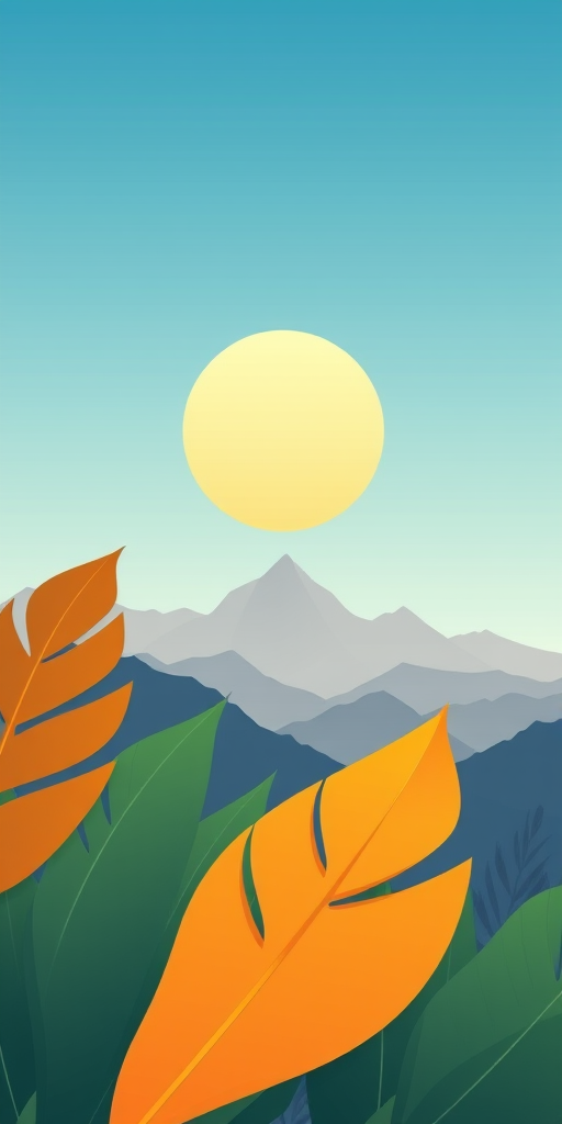 Create a minimalist digital illustration of stylized tropical leaves in the foreground with a large sun in a clear blue sky above stylized mountains in the background using a soft gradient; camera settings: aperture f/8, ISO 100, shutter speed 1/125; camera view: wide-angle; camera style: vector art; camera type: digital illustration.