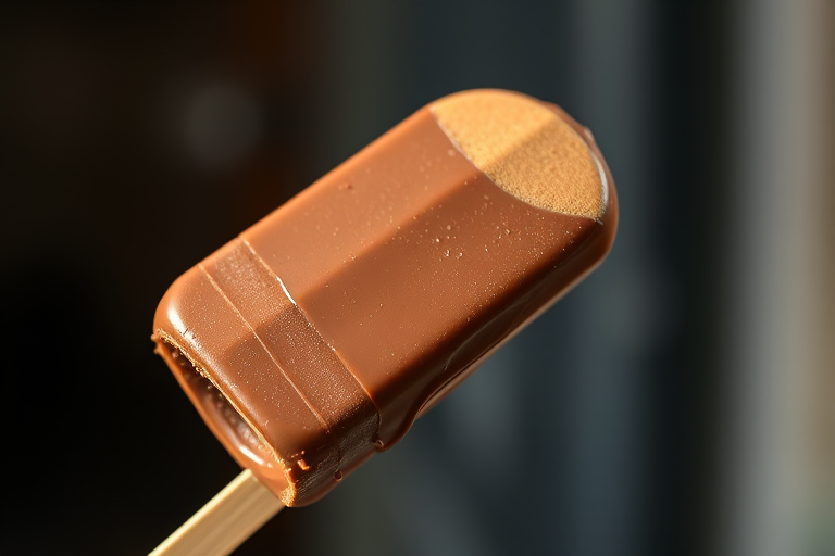 Generate a high-resolution image of a chocolate-covered ice cream bar on a stick, captured with a Canon EOS R5 at f/2.8, 50mm lens, in natural lighting with a shallow depth of field to enhance texture and details.
