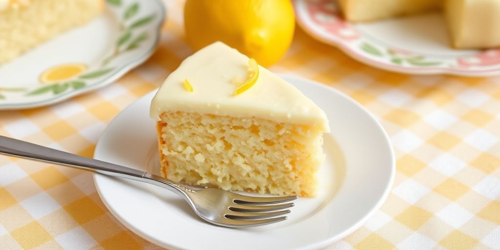 A close-up of a slice of lemon cake on a white plate with a fork next to it the cake has a creamy lemon frosting with a few lemon zest pieces on top the background features a whole lemon and a decorative plate with a soft yellow checkered tablecloth beneath it