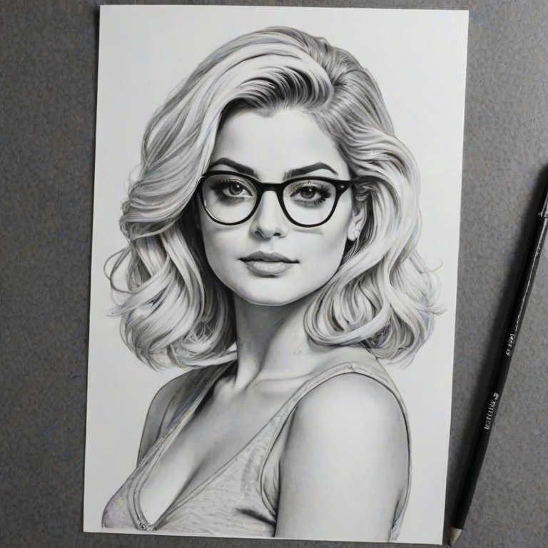 Enticing Bebe Rexha, pencil sketch, portrait of Superb woman 1937s in glasses, hair style beatnik, outline, clear lines, fine lines, 8k