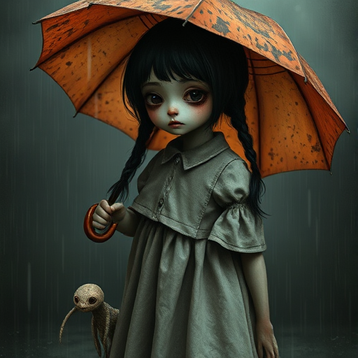An eerie, weird little girl with dark hair in thin pigtails, wearing a smock dress, standing in the rain, holding a dirty orange umbrella, a small, odd creature beside her. In a surreal style inspired by Nicoletta Ceccoli and Brian Froud. Dark fantasy themes